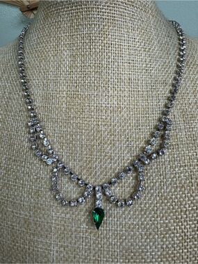 Vintage Silver Crystal Necklace with Emerald Teardrop Accent